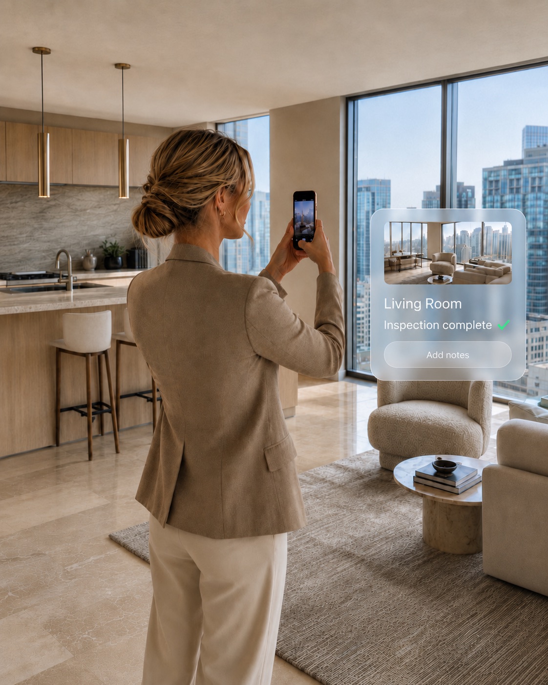 A host using the Verdkt app to photograph a living room during a property inspection